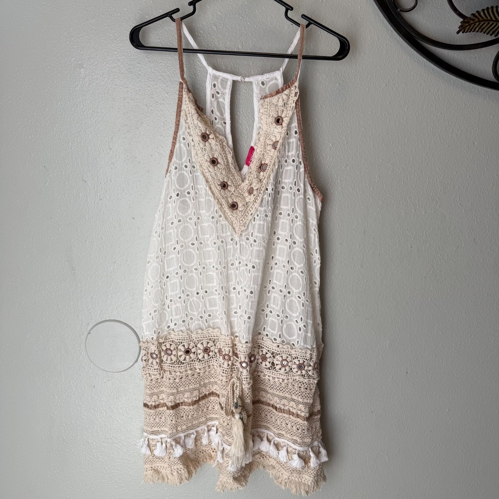 Ranees Boho‎ Eyelet Crochet Tassel Romper Beige Lace Trim Sheer Festival Beach